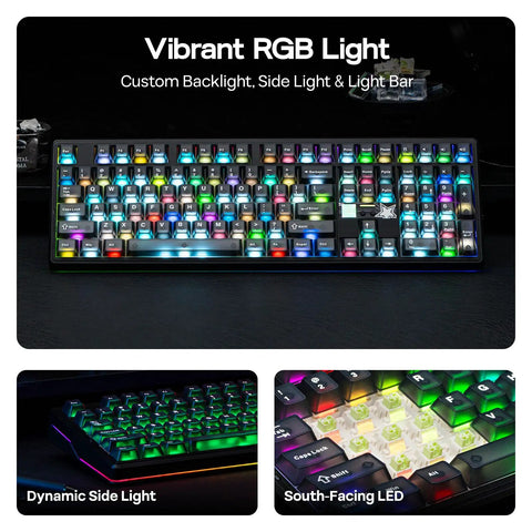 Full Size Wireless Mechanical Gaming Keyboard With Heavy Duty 10000 Mah Battery And Dope Dot Matrix Display Featuring Silent Cotton Candy Switches For Pc Mac Android illuminated with vibrant RGB light and side lighting.