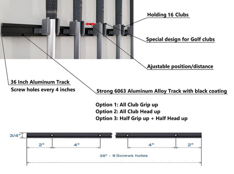 Golf Club Wall Mount Rack For Garage And Golf Room, Organizes 17 Clubs On 36 Inch Aluminum Display, adjustable track with club options.