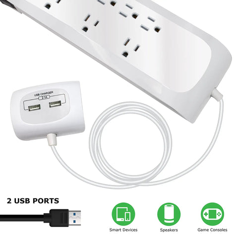 Eight Outlet Surge Protector Power Strip With 25 Foot Flat Plug 4200 Joules Separated USB Ports Beefy Heavy Duty Cord 15A 125V