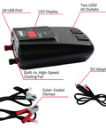 PID 760 760 Watt DC To AC Power Inverter with USB port, AC outlets, cooling fan, DC adapter, color-coded clamps.