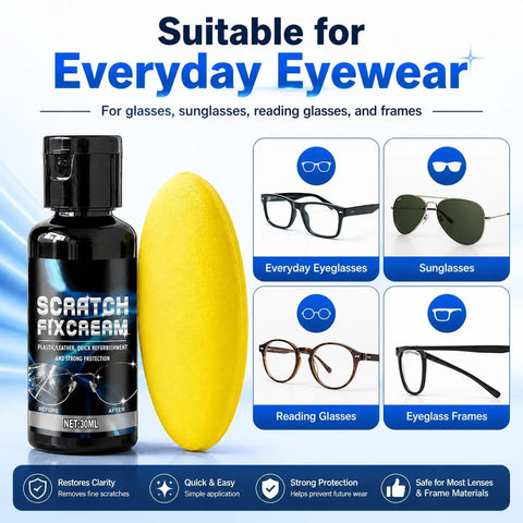 30ml Eyeglass Scratch Repair Kit With Sponge Polishing Compound Quick Fix For Glasses And Screens displayed with product bottle and sponge