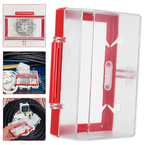 Emergency Stop Button Cover Lockout Guard Transparent Push Button Switch Protector For Electrical Equipment Safety Oversize Protection Box Pro Grade Clear Shield 6.18 By 3.74 By 2.55 Inches showing clear plastic casing and red trim.