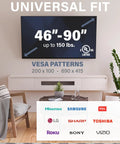 Universal fit for heavy duty tilting TV wall mount for big screens up to 90 inches and 150 pounds with VESA patterns.