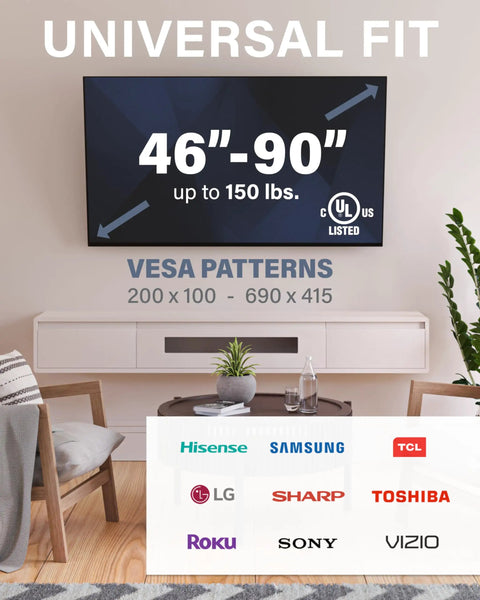 Universal fit for heavy duty tilting TV wall mount for big screens up to 90 inches and 150 pounds with VESA patterns.
