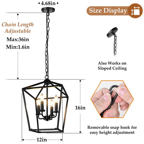 Black Farmhouse Chandelier 4 Light Ceiling Fixture With Height Adjustable Flexible Chain, 36in maximum length, perfect for dining rooms.