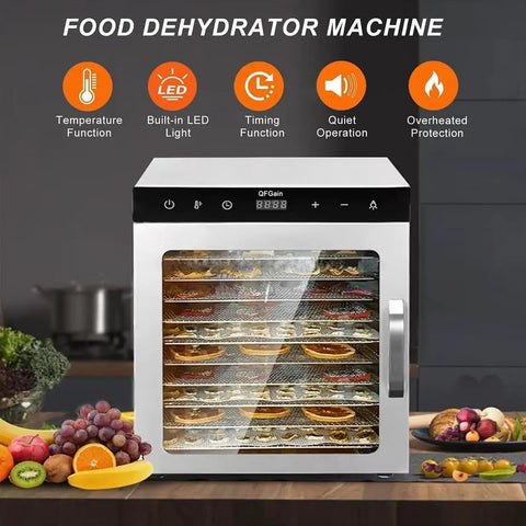 Heavy Duty 1000W Commercial Food Dehydrator With Ten Slick Stainless Trays showing fruits and herbs on trays, digital controls