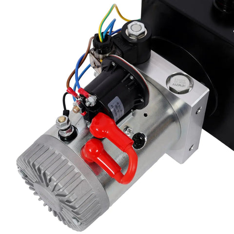 High Performance 12V DC Hydraulic Power Unit With Robust 8 Quart Steel Fluid Tank And 3HP Motor close-up of motor and red connectors.