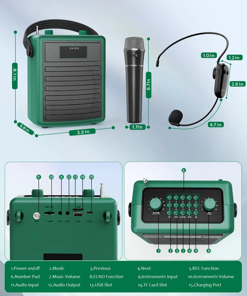40W Wireless Voice Amplifier For Teachers And Large Audiences Bluetooth Speaker PA System Karaoke Machine Portable Speaker With Microphone Support USB TF Card Aux Guitar Input, shown with microphone and headset, dimensions labeled