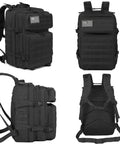 45L Military Tactical Backpack With MOLLE System For Bug Out Ready Black Rucksack Army Assault Pack For Hiking And Trekking Durable Rucksack with multiple views showing straps and MOLLE attachments.