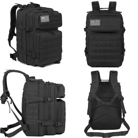 45L Military Tactical Backpack With MOLLE System For Bug Out Ready Black Rucksack Army Assault Pack For Hiking And Trekking Durable Rucksack with multiple views showing straps and MOLLE attachments.