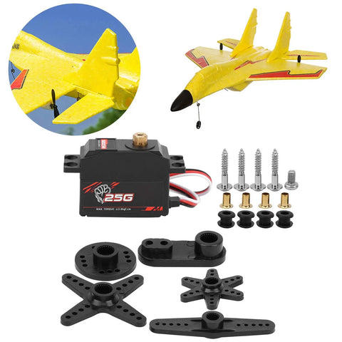Rock Solid Digital Servo With 25 Gram Metal Gear for 1/12 RC Cars and Boats beside accessories and a yellow RC plane.