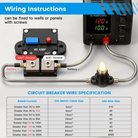 Wiring instructions for Built Tough 60 Amp Marine Circuit Breaker And Battery Disconnect Switch For Boat Trolling Motors with battery terminals.