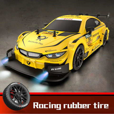 Yellow 1 16 Scale 4WD RC Drift Car with racing tire and headlights, high speed 40 KMH, 2 4 GHz remote, realistic handling