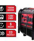 7000-Watt Open Frame Inverter Generator With Electric Start Portable Power For Home Backup And RV Camping 120V And 240V Dual Voltage Clean Sine Power For Sensitive Electronics Gas Powered shown with power and safety features