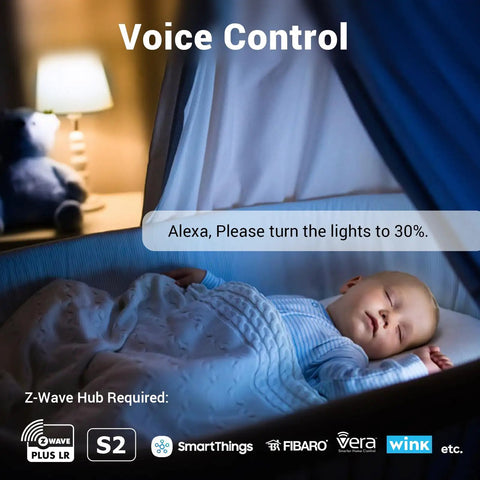 Sleeping baby with voice-controlled dimmed lighting, Z Wave Outlet Dimmer 2 Pack with 800 Series LR Plug Extender, S2 Z Wave Device