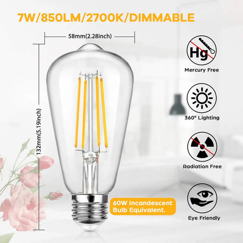 12 Pack Dimmable Vintage LED Edison Bulbs 60W Equivalent 7W Warm White 2700K ST58 Antique Filament with E26 Medium Base