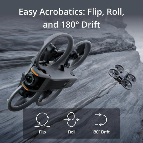 Avata 2 FPV Drone With 4K Camera showcasing acrobatics with built-in propeller guard and immersive goggles experience in rocky terrain.