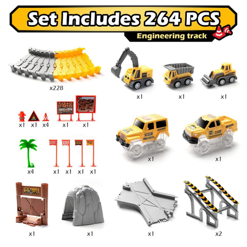Glow In The Dark Construction Race Track Set For Kids Ages 3 To 9, 264 Piece Buildable DIY Track With 2 Light Up Cars And 3 Construction Vehicles included components image.