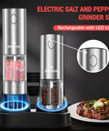 Salt And Pepper Grinder Set With External Coarseness Adjustment, 95ml Large Capacity Auto Pepper Mill With USB C Charging Base And LED Light, Stainless Steel Spice Grinder, 2 Piece Kitchen Gadget