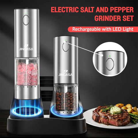 Salt And Pepper Grinder Set With External Coarseness Adjustment, 95ml Large Capacity Auto Pepper Mill With USB C Charging Base And LED Light, Stainless Steel Spice Grinder, 2 Piece Kitchen Gadget