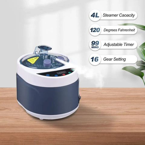 4L Portable Sauna Steamer With 1500W Heating, Fast Heat, Stainless Steel Pot on wooden surface, showing controls and steam output
