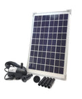 10W Solar Water Pump Kit With 18V Panel For Fish Pond And Fountain Includes Brushless Submersible Pump and accessories laid out.