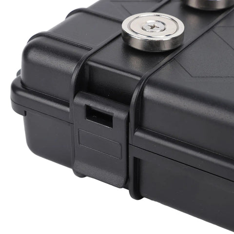 Close-up of Rugged Weatherproof Magnetic Storage Box With Heavy Duty Mount And Secure Locking, showing clasp and magnets