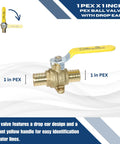 Five Pack 1 Inch PEX Shut Off Ball Valve With Drop Ear Full Port Lead Free Brass, yellow handle design