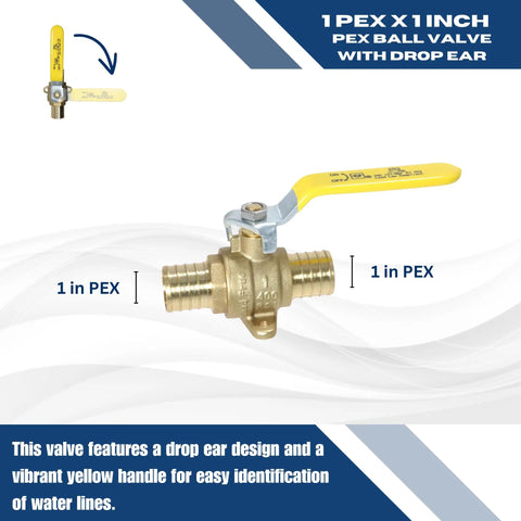 Five Pack 1 Inch PEX Shut Off Ball Valve With Drop Ear Full Port Lead Free Brass, yellow handle design
