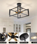 Industrial Farmhouse 4 Light Semi Flush Mount Ceiling Fixture in black and gold metal in a modern dining room setting.