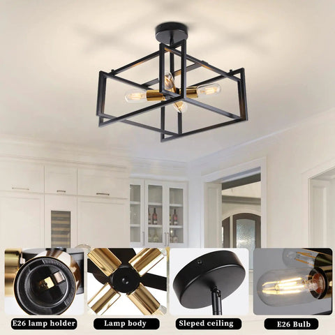Industrial Farmhouse 4 Light Semi Flush Mount Ceiling Fixture in black and gold metal in a modern dining room setting.