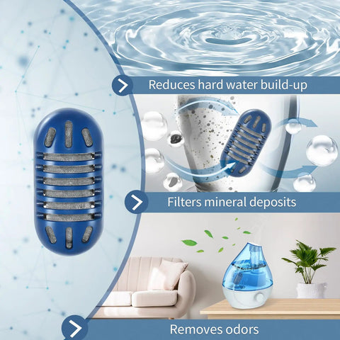 Infographic showing 20 Pack Demineralizer Cartridges for Ultrasonic Humidifiers; reduces buildup, filters deposits, removes odors.