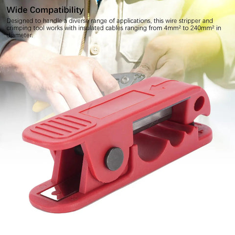 Lvifloae Wire Stripper Machine With Accurate Crimping 360 Degree Rotation Cutting Tool For Scrap Electrical Cable Network Connections Professional Grade Precision Work showing red wire stripper with steel blade.