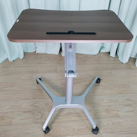 Legit Sturdy Height Adjustable Laptop Desk With Quick Pneumatic Lift ball bearing casters, brown top, compact design, ideal for home office use.
