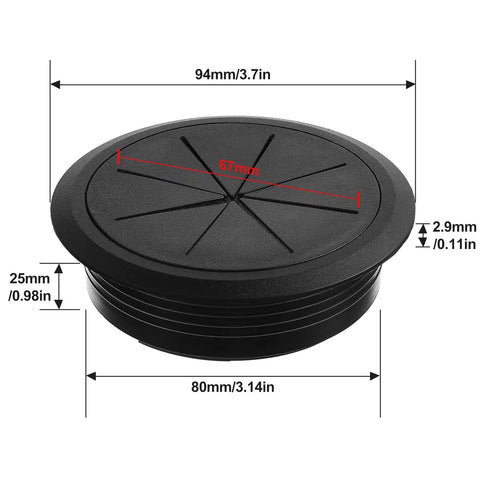 2 Pack 3.5 Inch Desk Grommets Black ABS Hole Covers Detachable Flexible Wire Caps For Cords on a table with dimensions.