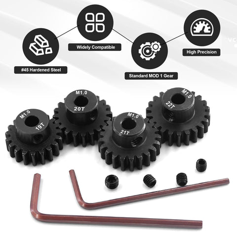 Mod 1 Pinion Gear Set Hardened Steel 5mm Motor Shaft Gears 19T 20T 21T 22T with screws and hex keys for RC cars