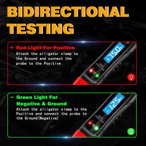 4 To 75V LCD Automotive Test Light With Built In Voltage Meter And Buzzer Electric Probe Pen For Car Battery Polarity Continuity And Fuse Checks Wide Range Auto Circuit Tester For Vehicle Electrical Systems showing bidirectional testing