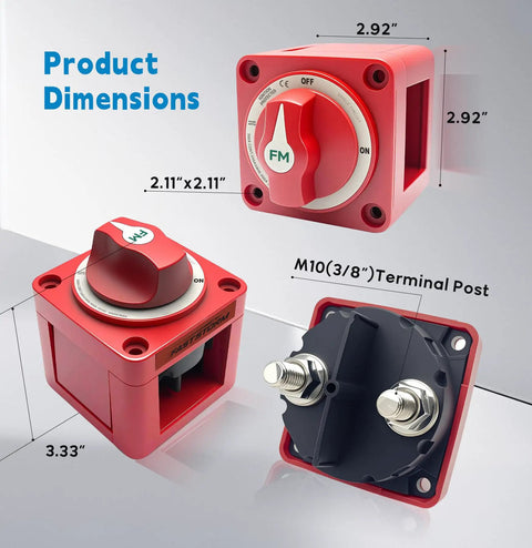 Beefed Up 300A Waterproof Battery Disconnect Switch 12V To 48V On Off Kill Switch dimensions and terminal post view