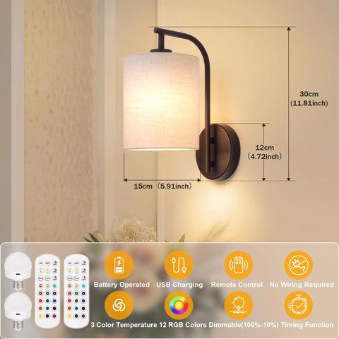 MATAMEYE Battery Operated Wall Sconce Set of 2, Dark Chocolate Wall Light on wall, showing dimensions and design details.
