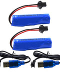 Two Pack 3.7V 800mAh Li Ion RC Battery With USB Cable SM 2P Plug For Double Sided Stunt RC Cars Small RC Boats Amphibious RC Vehicles And One Eighteenth Scale RC Trucks Ready To Power Up Your Fleet, showing two blue wrapped batteries and two USB cables
