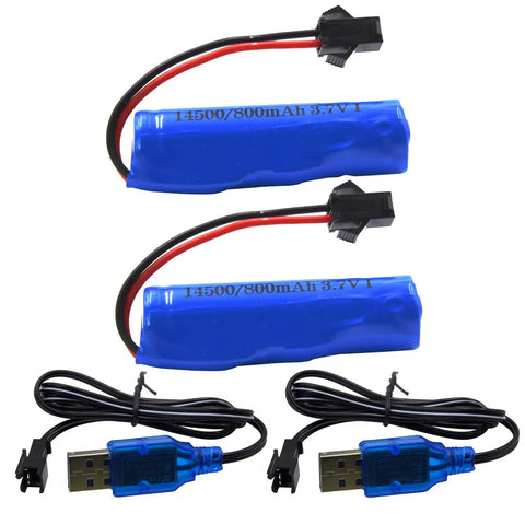 Two Pack 3.7V 800mAh Li Ion RC Battery With USB Cable SM 2P Plug For Double Sided Stunt RC Cars Small RC Boats Amphibious RC Vehicles And One Eighteenth Scale RC Trucks Ready To Power Up Your Fleet, showing two blue wrapped batteries and two USB cables