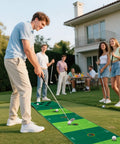 Indoor Outdoor Golf Putting Mat Set For Office And Backyard Dope Practice Game With Color Target Circles on lawn with players
