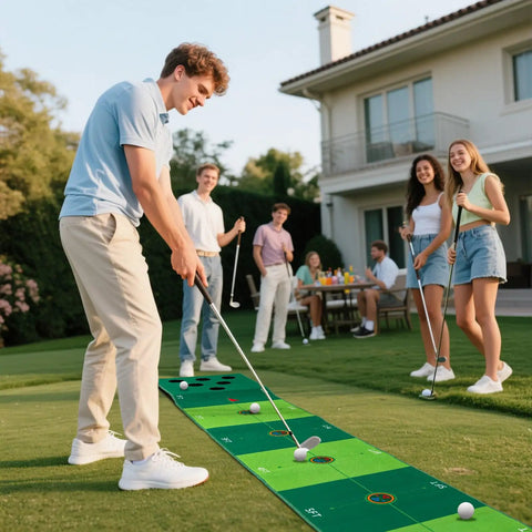 Indoor Outdoor Golf Putting Mat Set For Office And Backyard Dope Practice Game With Color Target Circles on lawn with players