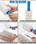 Hands demonstrating how to install handles on 3 Pack Clear Heavy Duty Stretch Wrap Film Rolls With Handles 100 Gauge 5 X 1000 Ft.