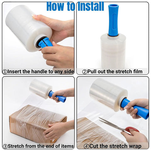 Hands demonstrating how to install handles on 3 Pack Clear Heavy Duty Stretch Wrap Film Rolls With Handles 100 Gauge 5 X 1000 Ft.