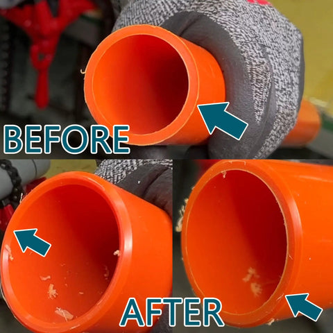 Before and after using 2 In 1 Inner Outer Deburring Tool For PVC CPVC PP PE PEX ABS Copper Aluminum Plumbing Bevel Edges