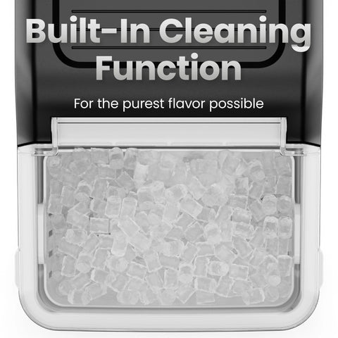 Countertop nugget ice maker with black exterior and a clear ice bin filled with pebble ice cubes.
