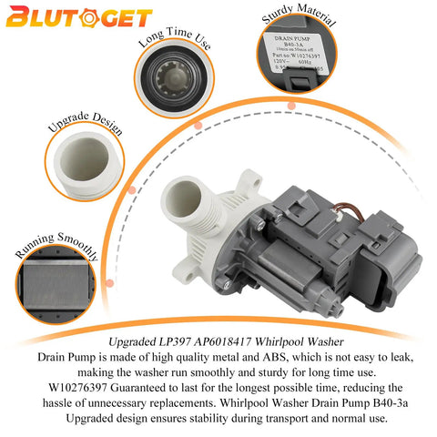 Washer Drain Pump Replacement WPW10276397 Fits Whirlpool Kenmore Maytag KitchenAid Amana shown with details and warranty info