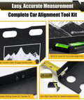 Wheel Alignment Tool With Imperial Tape Measure And Heavy Duty Toe Alignment Plates No Caliper Removal Needed, shown in detail with level and tape.