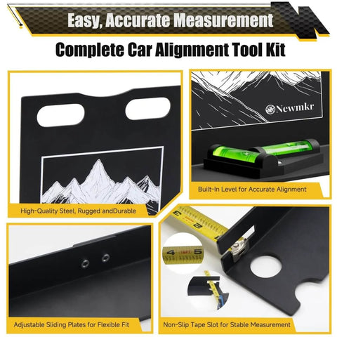 Wheel Alignment Tool With Imperial Tape Measure And Heavy Duty Toe Alignment Plates No Caliper Removal Needed, shown in detail with level and tape.